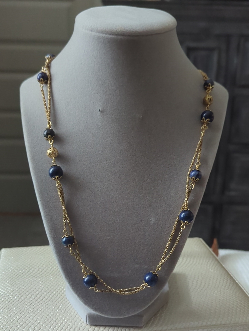 Elegant Gold-Tone Necklace with Navy Blue Beads